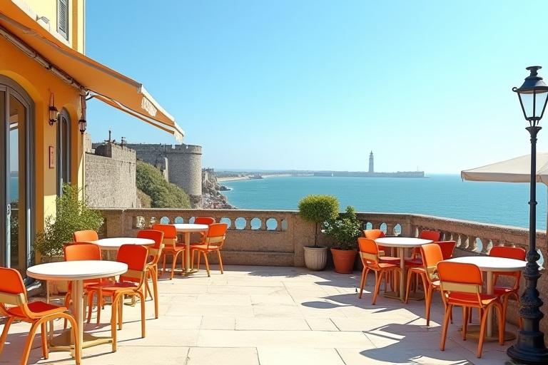 La terrasse ensoleillée de La Jetée Joyeuse avec vue imprenable sur les remparts de Saint-Malo.